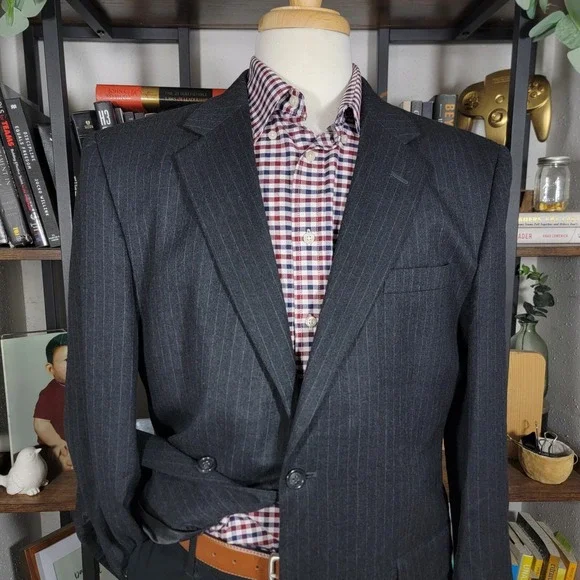 JOS A BANK Men's Flannel Sport Coat Two Button Black‎ Striped Wool Cashmere 43R